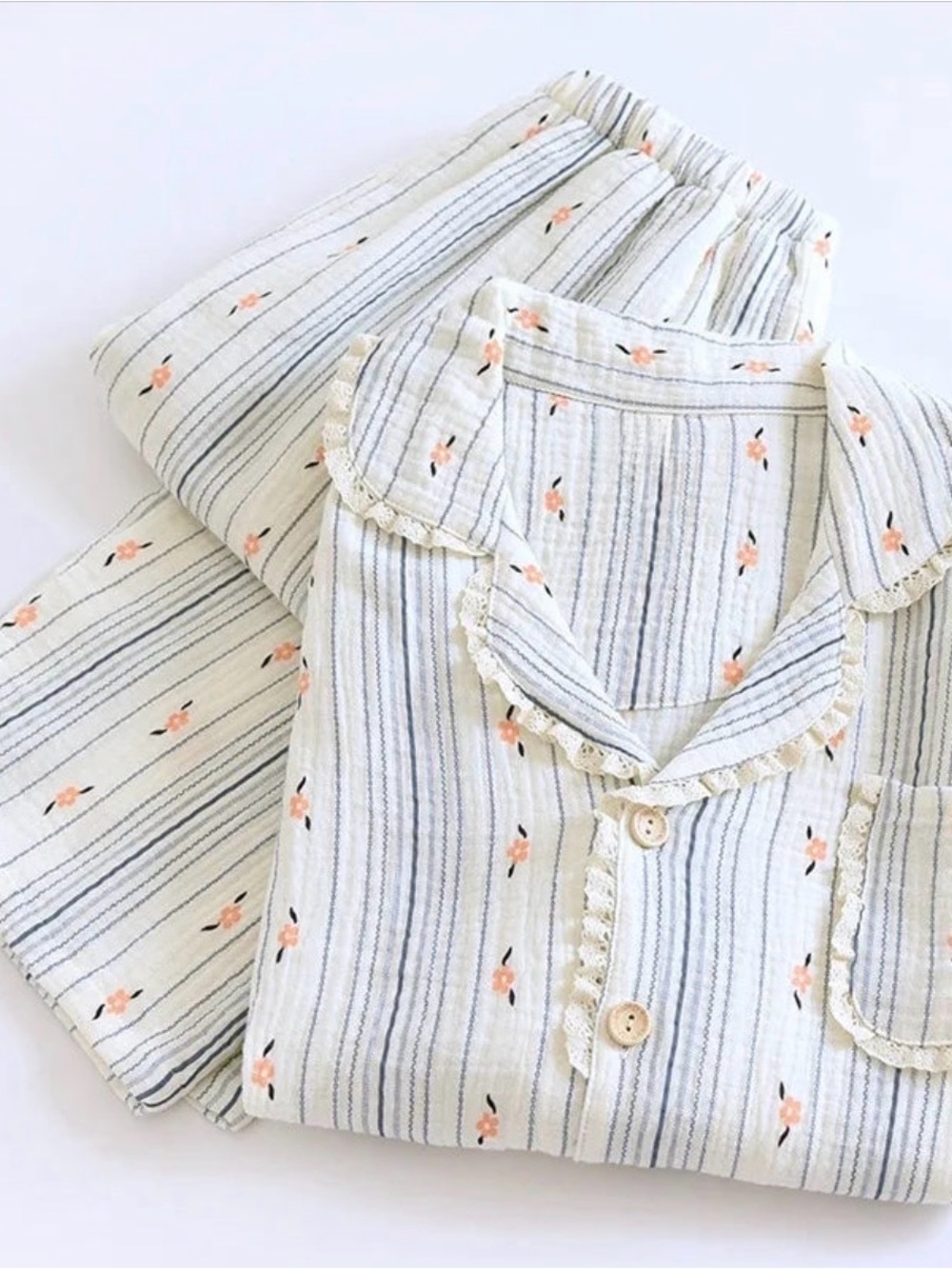 Soft Stripe Floral Cotton Gauze Pajama Set in Cream and Peach